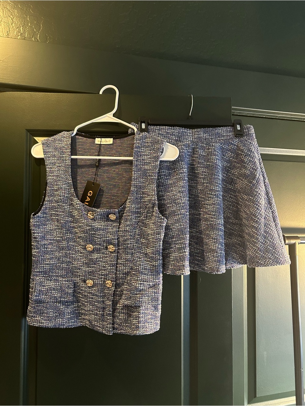Blue Tweed Skirt and Vest Set